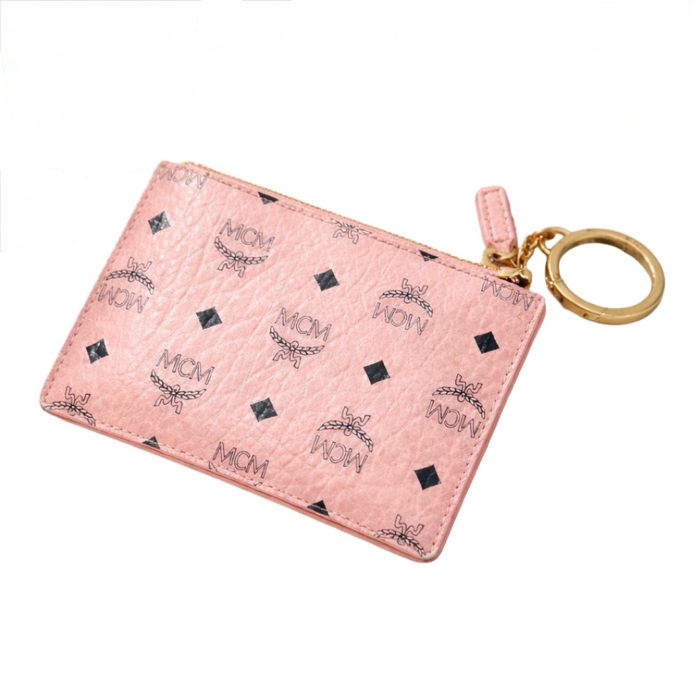 MCM Visetos Monogram Logo Zip Card Case Gold Keychain Wallet Pouch – Soft Pink